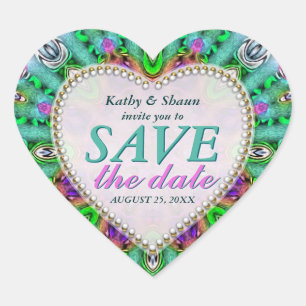 Grüne Minze und rosa Save the Date Heart Stickers