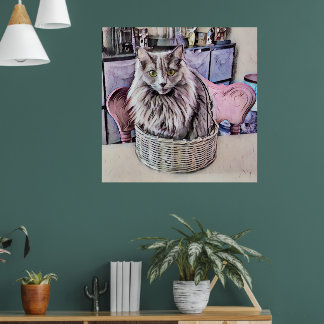 Grüne Mit Augen graue Katze in Korbplakat Poster