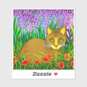 Grüne Mit Augen Katze im Blumengarten Aufkleber
