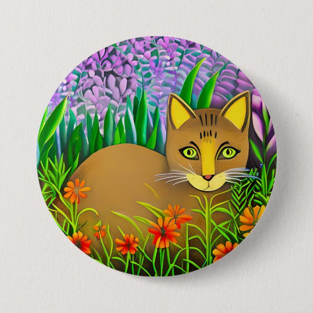 Grüne Mit Augen Katze im Blumengarten Button (Vorderseite)
