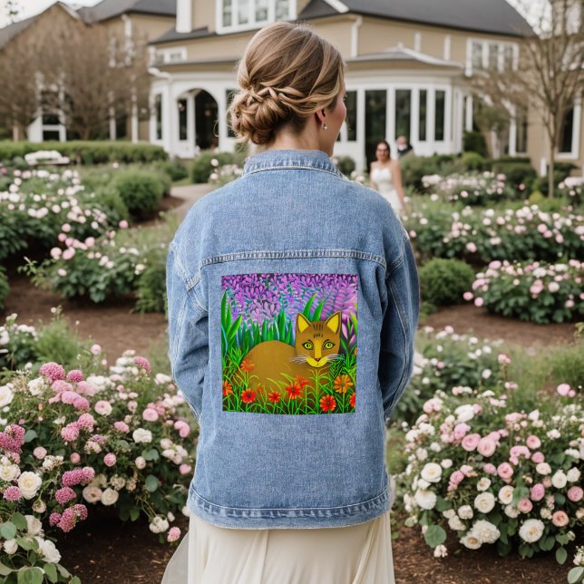 Grüne Mit Augen Katze im Blumengarten Jeansjacke (Hochzeit Rückseite)