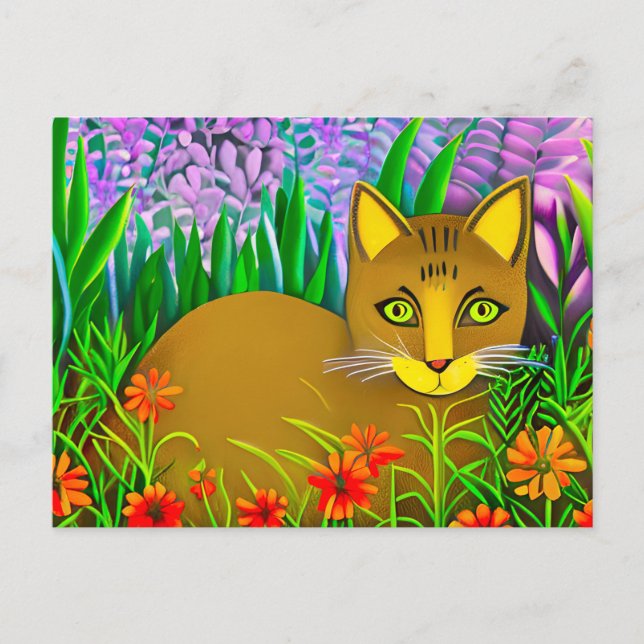 Grüne Mit Augen Katze im Blumengarten Postkarte (Vorderseite)