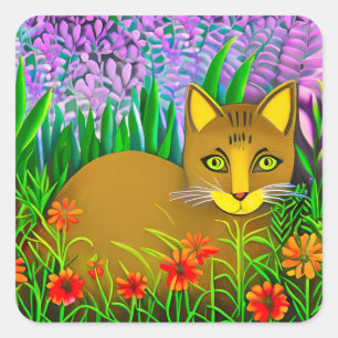 Grüne Mit Augen Katze im Blumengarten Quadratischer Aufkleber