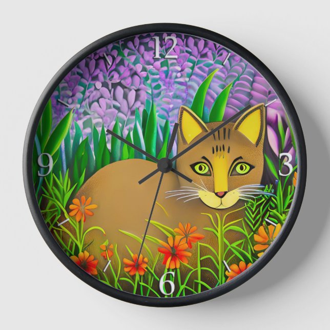 Grüne Mit Augen Katze im Blumengarten Uhr (Vorderseite)