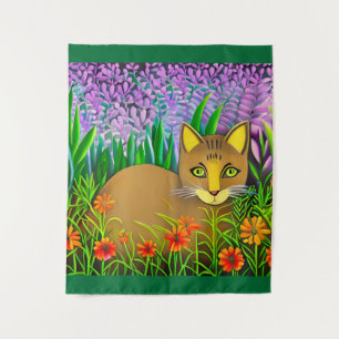 Grüne Mit Augen Katze im Blumengarten Wandteppich