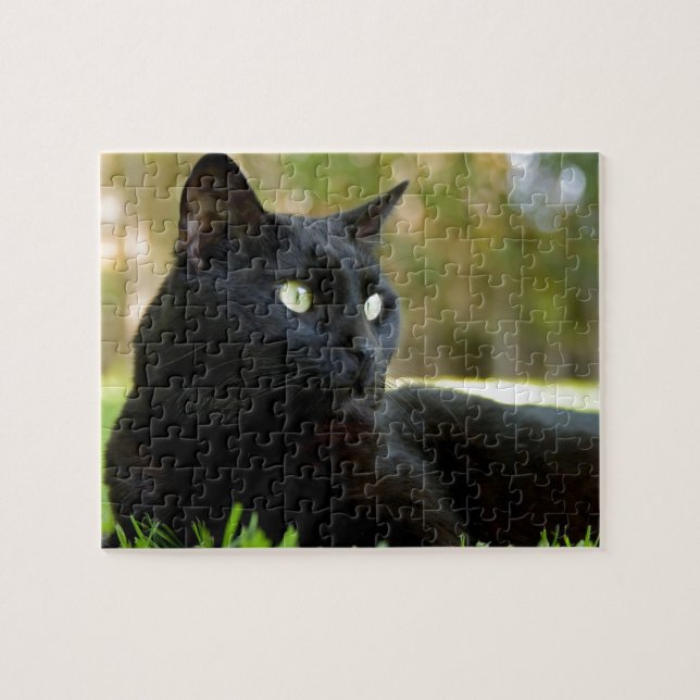 Grüne mit Augen schwarze Katze, die das Freien Puzzle (Horizontal)