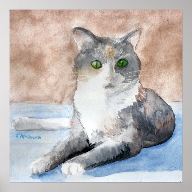 Grüne Mit Augen Tortoiseshell Graue Katze Wasserfa Poster (Vorne)