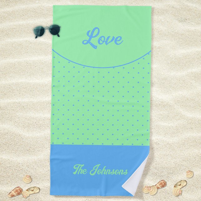Grüne Mitte des Jahrhunderts Blue Retro Dots Somme Strandtuch (Love Green Retro Dots Blue Mid Century 50s 60s Beach Towel ©Susanne Sachers - Sunny Mind Design)