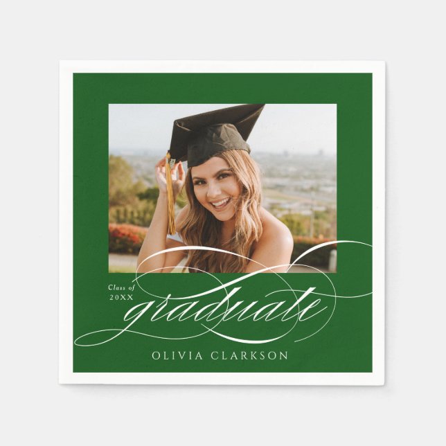 Grüne Moderne Elegante Script Foto Graduation Part Serviette (Vorderseite)