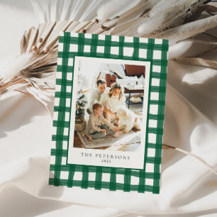 Grüne moderne Retro-Karo-Familien-Weihnachtsfotos Feiertagskarte