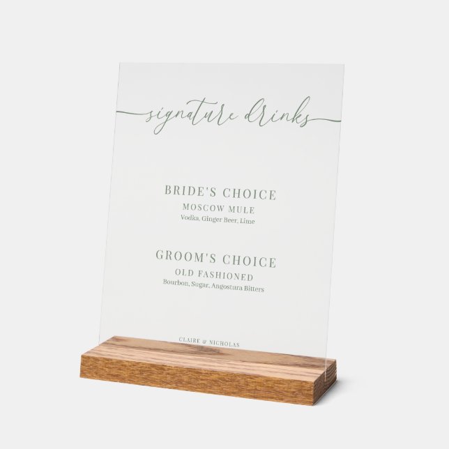 Grüne moderne Sage Elegante Hochzeitssignaturgeträ Acrylschild (Winkel)