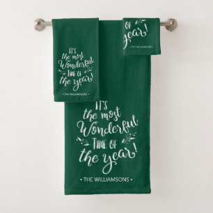 Grüne moderne Weihnachtstypografie personalisiert Badhandtuch Set