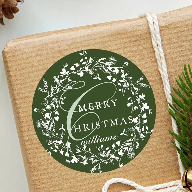 Grüne Moderne Wildblume Boho Weihnachten Runder Aufkleber (Von Creator hochgeladen)