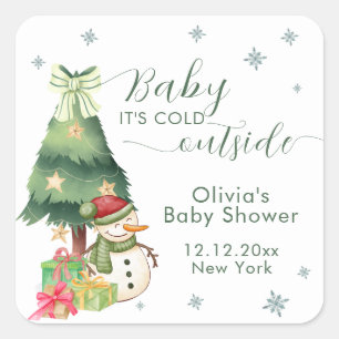 Grüne moderne Winter-Schneemann-Baby-Party Quadratischer Aufkleber