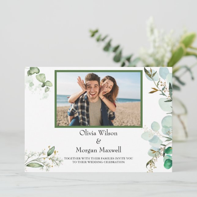 Grüne Modernes Foto Save the Date Einladung (Stehend Vorderseite)