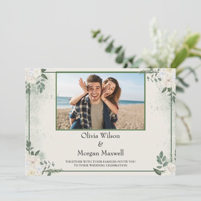 Grüne Modernes Foto Save the Date Einladung (Stehend Vorderseite)