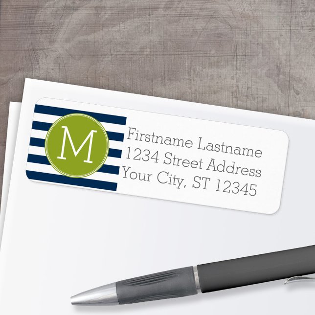 Grüne Monografie der Navy und White Striping Muste (Personalized Return Address Label)