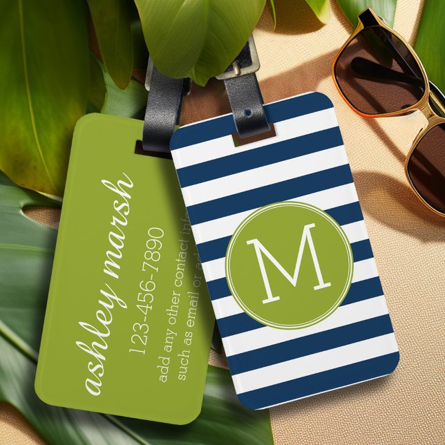 Grüne Monografie der Navy und White Striping Muste Gepäckanhänger (Personalized luggage tag with preppy striped pattern and monogram - contact info on back)