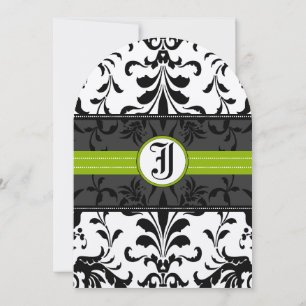Grüne Monogramm-Damaskus-Hochzeitseinladung aus Ko Einladung