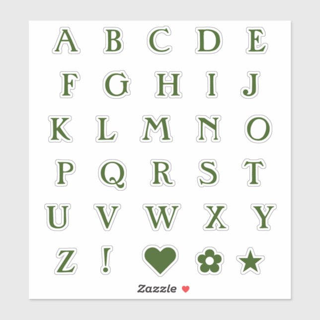 Grüne Monogramm-Textbuchstaben | Alphabet Heart St Aufkleber (Blatt)
