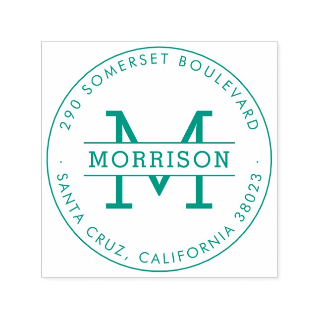 Grüne Monogramm und Familienname Runde Rücksendead Permastempel (Design)