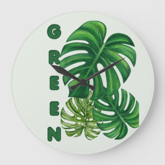 Grüne Monstera-Blätter Große Wanduhr