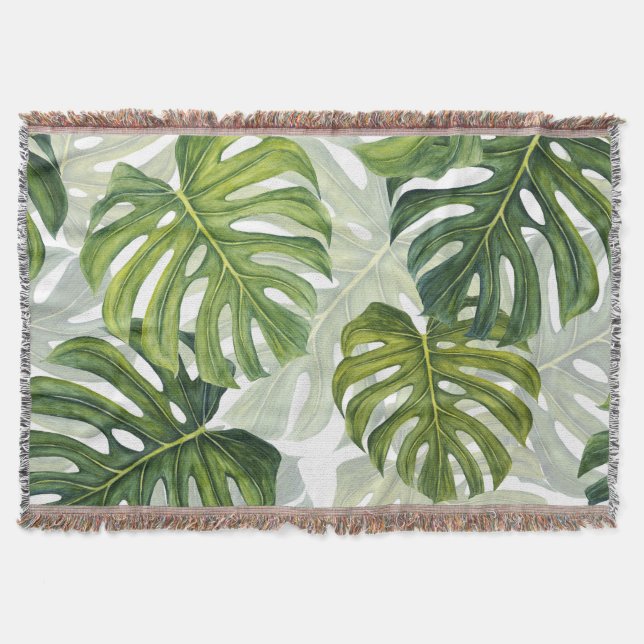 Grüne Monstera Tropical Watercolor Decke (Vorderseite)