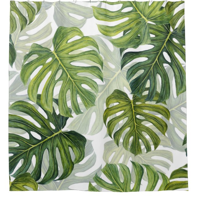 Grüne Monstera Tropical Watercolor Duschvorhang (Vorderseite)
