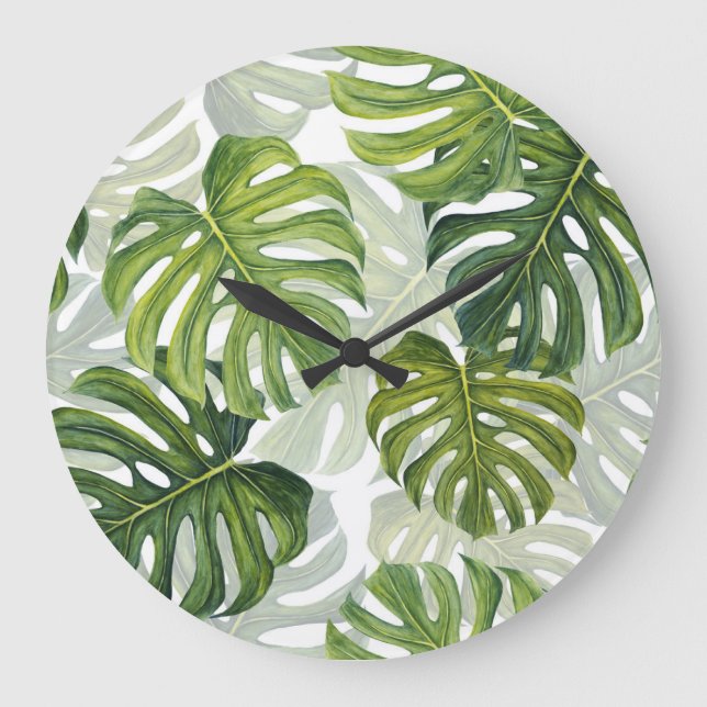Grüne Monstera Tropical Watercolor Große Wanduhr (Vorderseite)