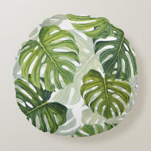 Grüne Monstera Tropical Watercolor Rundes Kissen