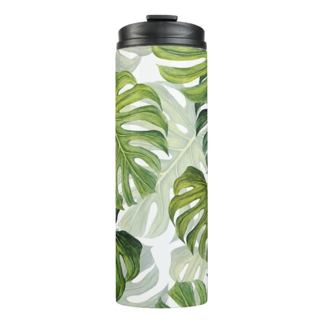 Grüne Monstera Tropical Watercolor Thermosbecher (Vorderseite)