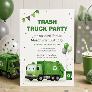 Grüne Müllwagen-Einladung zum 1. Geburtstag Einladung