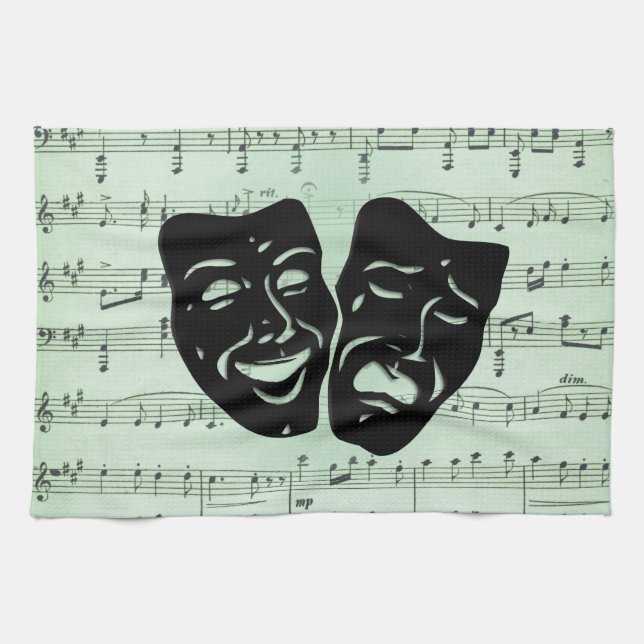 Grüne Musik und griechische Masken im Theater Geschirrtuch (Horizontal)