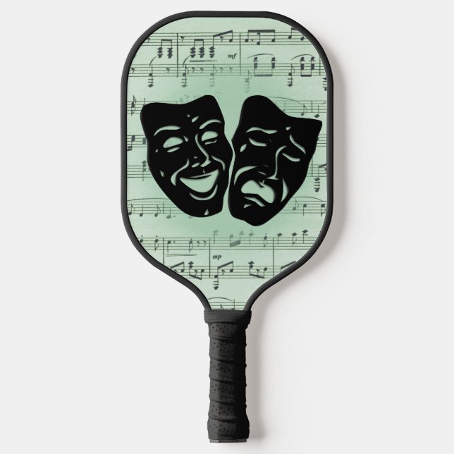 Grüne Musik und griechische Masken im Theater Pickleball Schläger (Vorderseite)