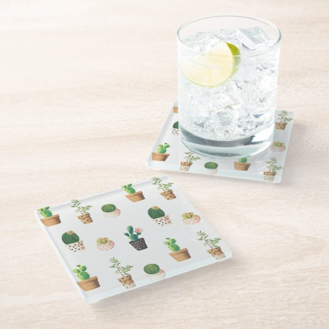 Grüne Nachspeise Sukkulente Kakteen in Pots Glasuntersetzer (Schrägansicht)