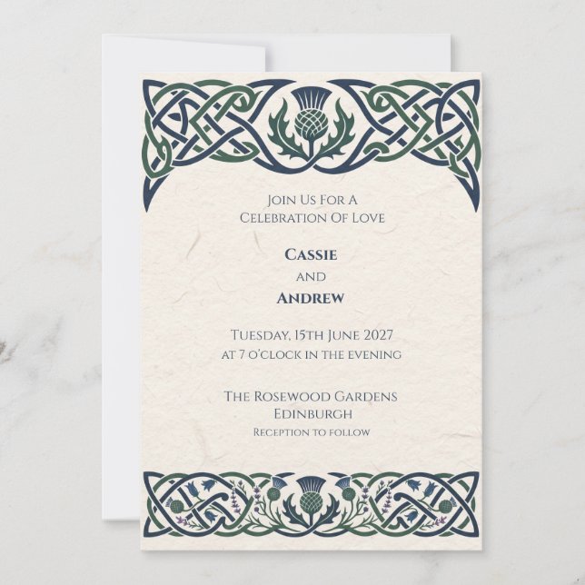 Grüne Navy Celtic Distel-Hochzeit Einladung (Vorderseite)