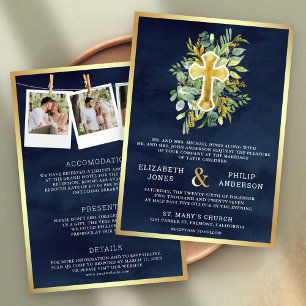 Grüne Navy Gold Katholische All-in-One-Hochzeit Einladung