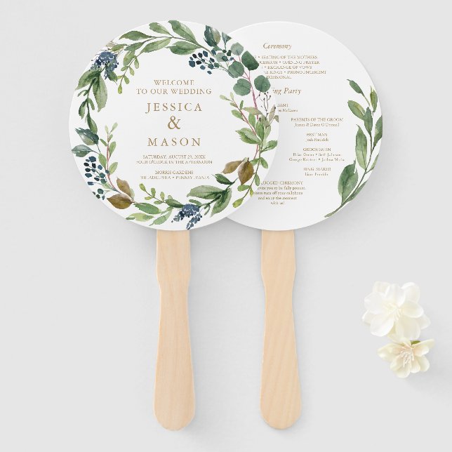 Grüne Navy Gold Round Wedding Program Fan Fächer (Vorne und Hinten)
