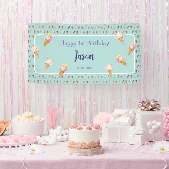 Grüne Niedliche Eiscreme Cone Kinder Junge Geburts Banner (Party)