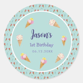 Grüne Niedliche Eiscreme Cone Kinder Junge Geburts Runder Aufkleber