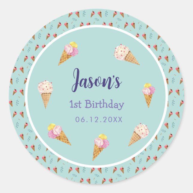 Grüne Niedliche Eiscreme Cone Kinder Junge Geburts Runder Aufkleber (Vorderseite)