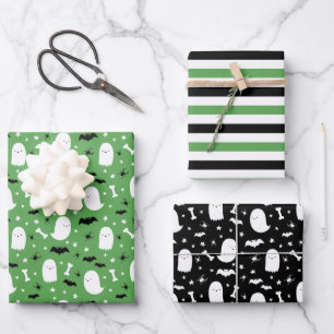 Grüne Niedliche Geister und Fledermäuse Orange Hal Geschenkpapier Set