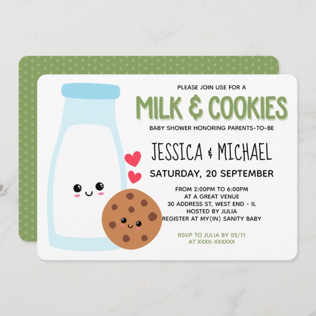 Grüne Niedliche Kawaii Milch und Cookies Babydusch Einladung (Vorne/Hinten)