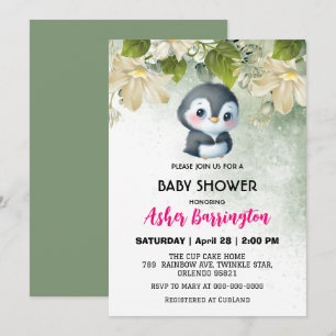 Grüne Niedliche Pinguine Blume Babydusche Kinder Einladung