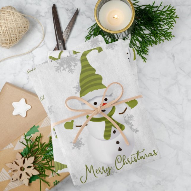 Grüne Niedliche Schneemann-Papierblätter Geschenkpapier Set (Green Cute Snowman Wrapping Paper Sheets)