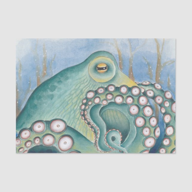 Grüne Octopus Wasserfarben Kunst Seidenpapier (Vorderseite)