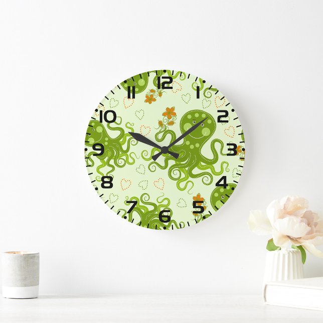 Grüne Oktopoden mit Blume Große Wanduhr (Von Creator hochgeladen)