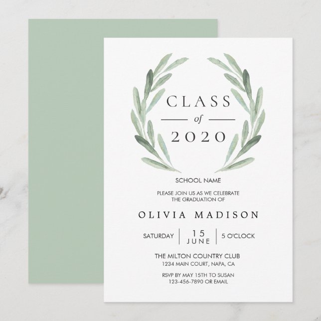 Grüne Olive Branch Wreath Graduation Party Einladung (Vorne/Hinten)