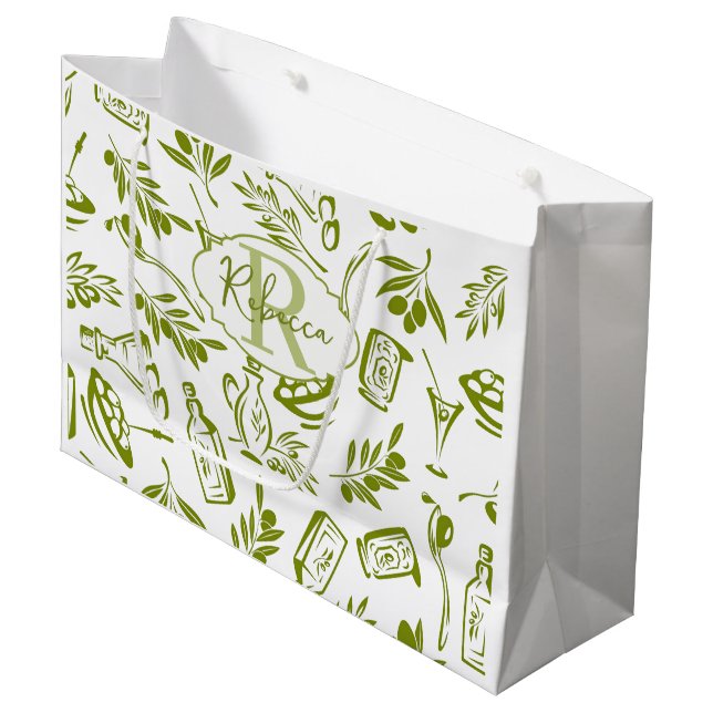 Grüne Olive Moderne Monogramm Name Schrift Wasserf Große Geschenktüte (Vorderseite Schrägansicht)