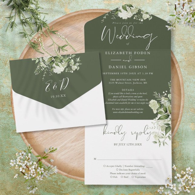 Grüne Olivenbäume Blumendetails UAWG Hochzeit All In One Einladung (Olive Green Greenery Floral Details RSVP Wedding All In One Invitation)